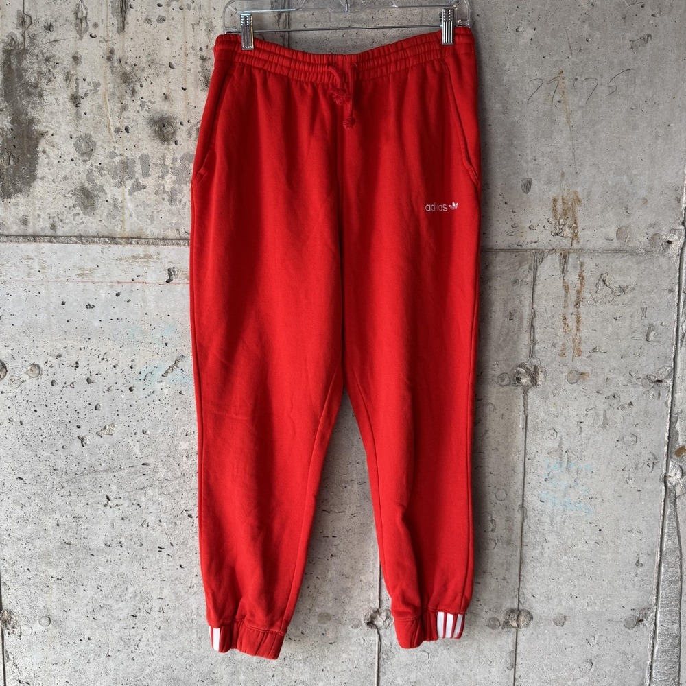 Adidas Pants Womens Small Red Fleece Jogger Sweatpants‎ Trefoil Cuffed 3 Stripe
